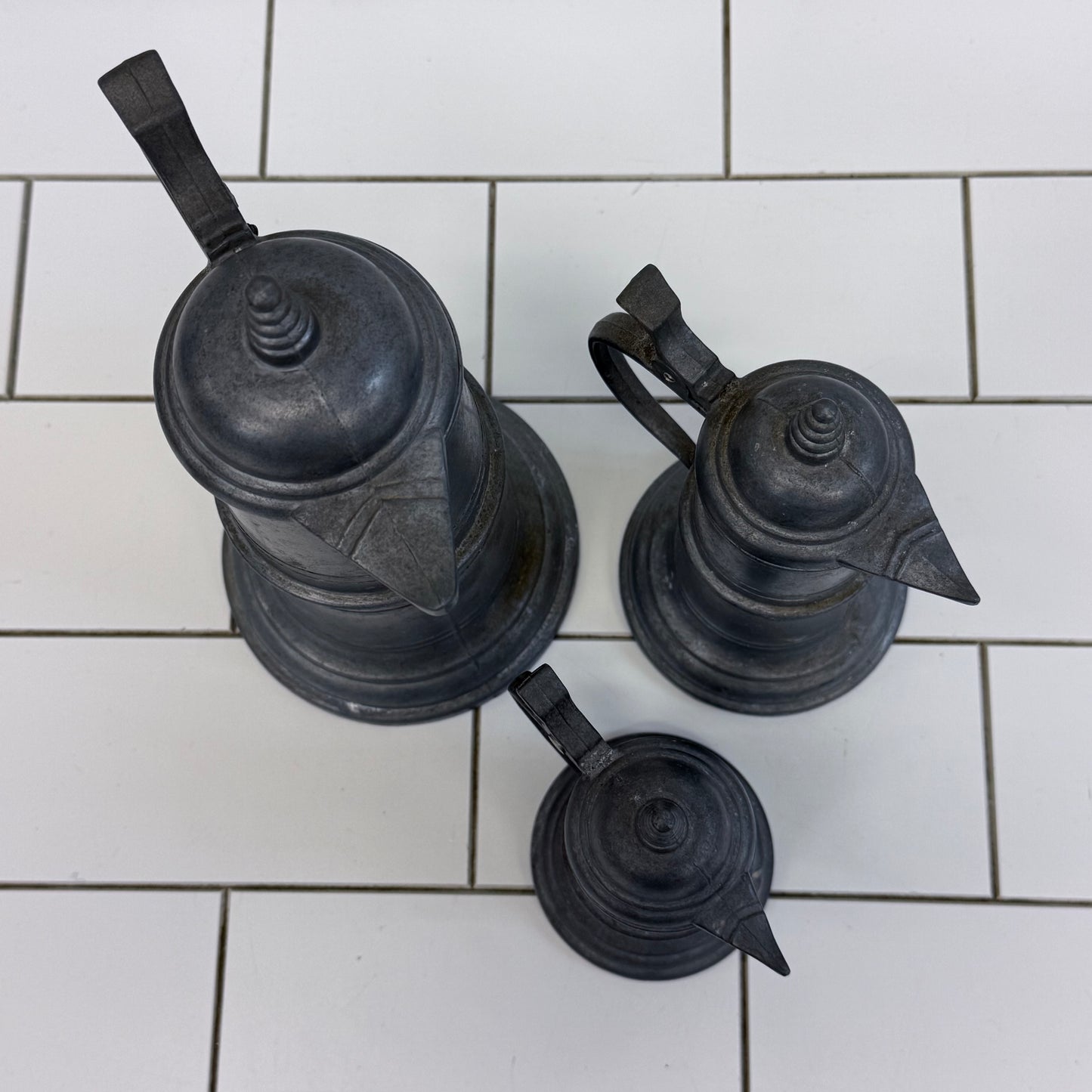 Pewter Flagon Set of 3 with Hinged Lids
