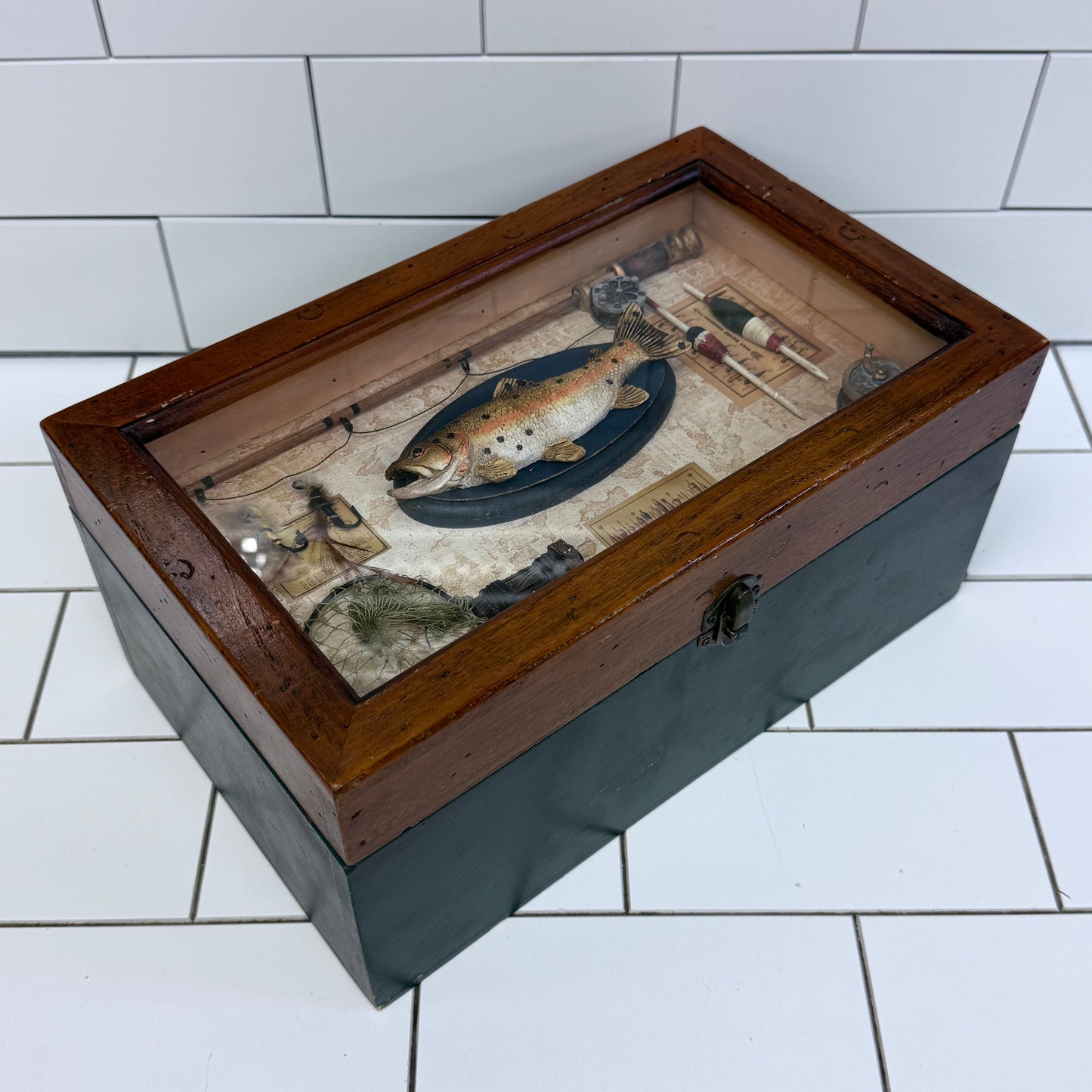 Fishing Memorabilia Shadow Box Storage Wooden Display Case