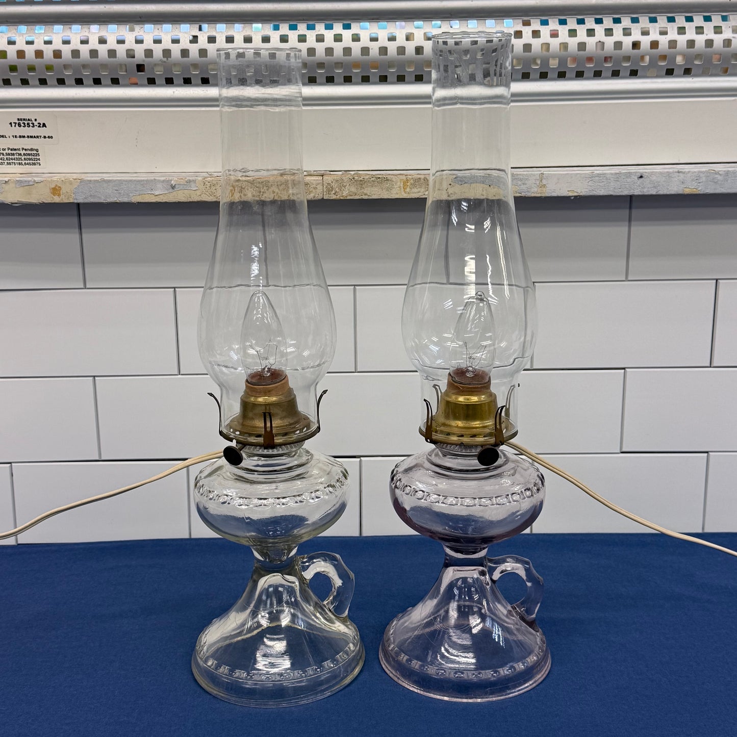 Electrified Glass Oil Finger Lamps with Chimneys Shades Set of 2