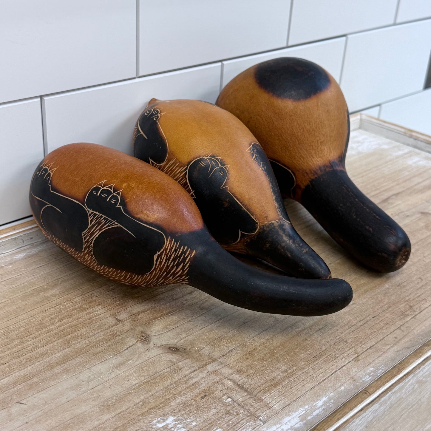 Peruvian Carved Gourd Rattles Animal Folk Art Set 1970s