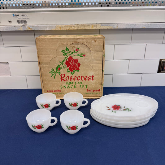 Federal Glass Rosecrest Snack Set in Box, Set of 8, Milk Glass