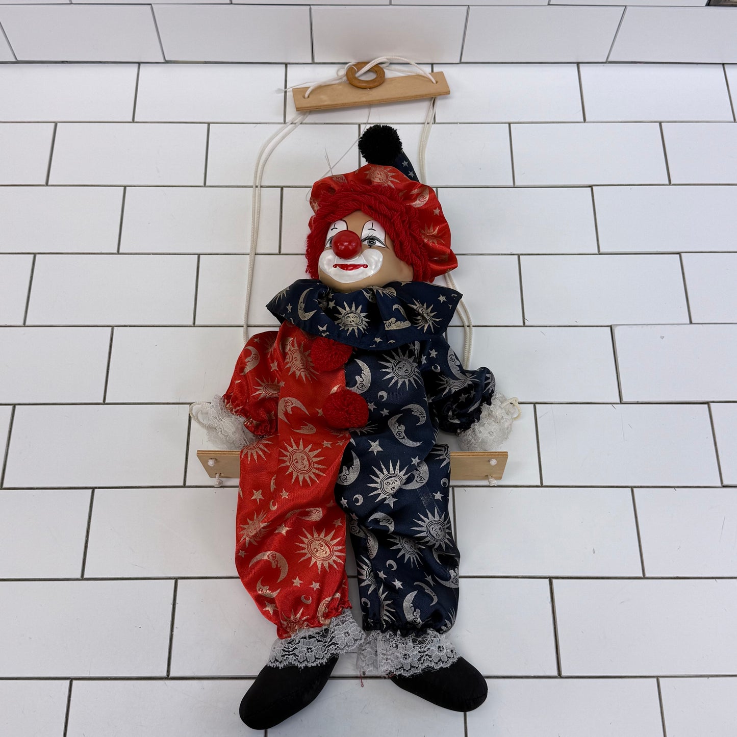 Hanging Clown Doll on Swing with Porcelain Face