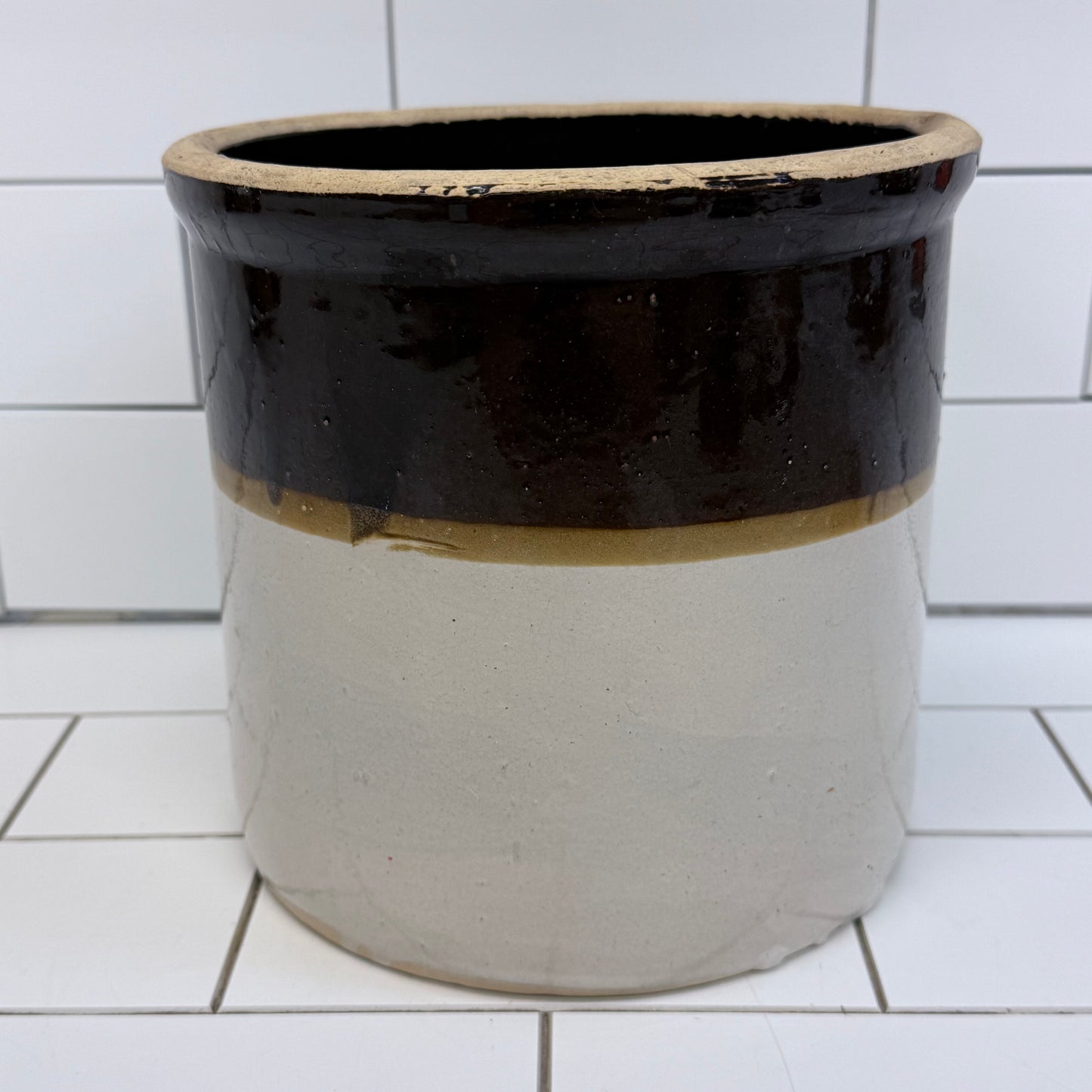 Vintage Two-Tone Glazed Stoneware Crock 1940s-1950s