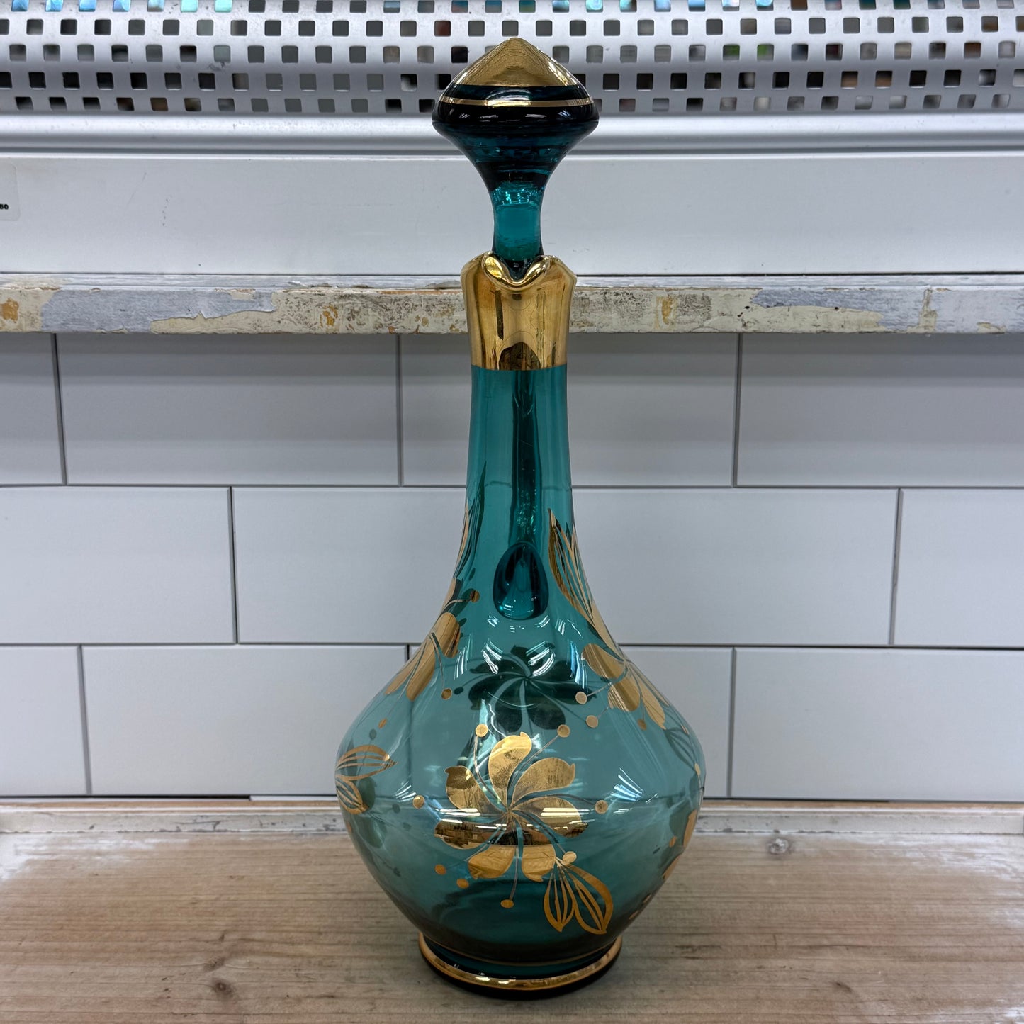 Italian Blue Glass Decanter & 6 Goblets Gold Floral Set