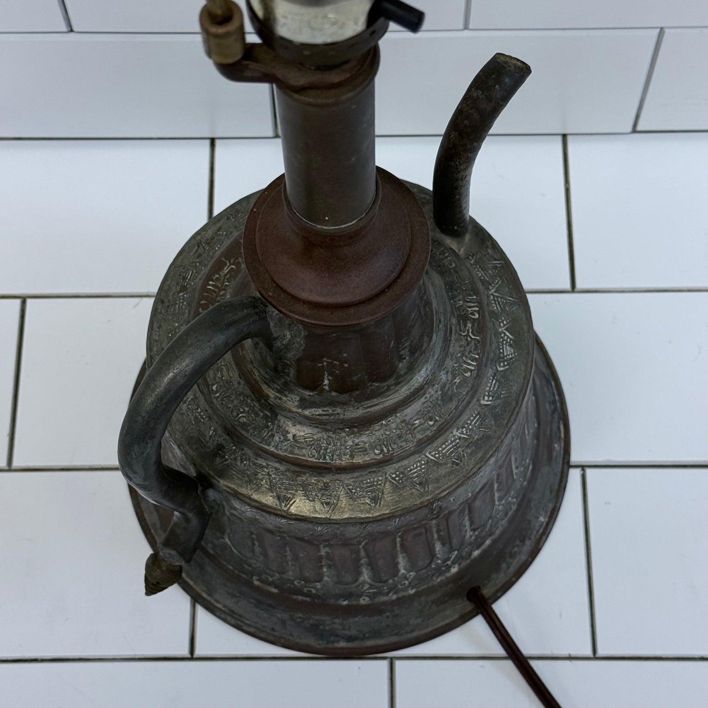 Vintage Kettle Table Lamp with Whipstitch Shade