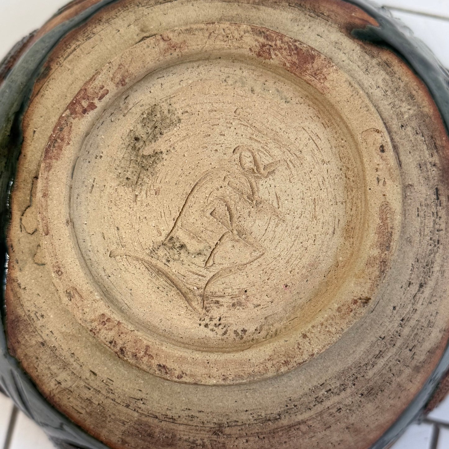 Studio Art Pottery Spiral Handled Bowl, Signed, Glazed Stoneware