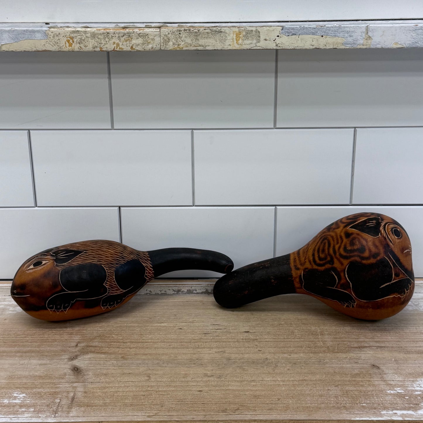 Peruvian Carved Gourd Rattles Animal Folk Art Set 1970s