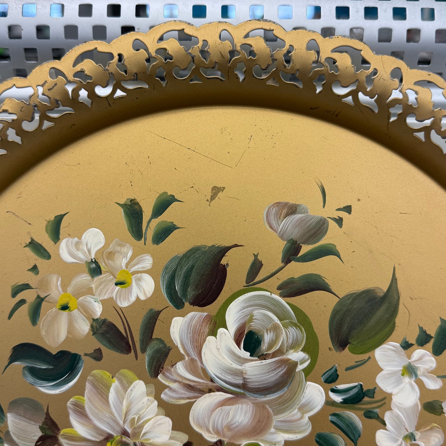 Vintage Nashco Hand Painted Floral Toleware Metal Tray 15”
