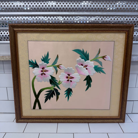 Hibiscus Floral Embroidery Textile Wall Art Framed