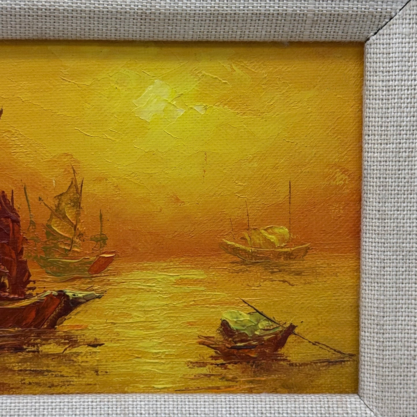 Sunset Junk Ships Original Oil Painting, Signed N.T. Fung
