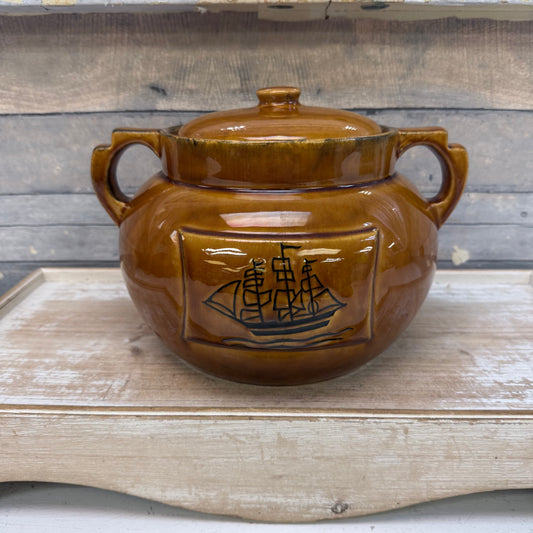 Sailboat Ceramic Double Handled Bean Pot with Lid
