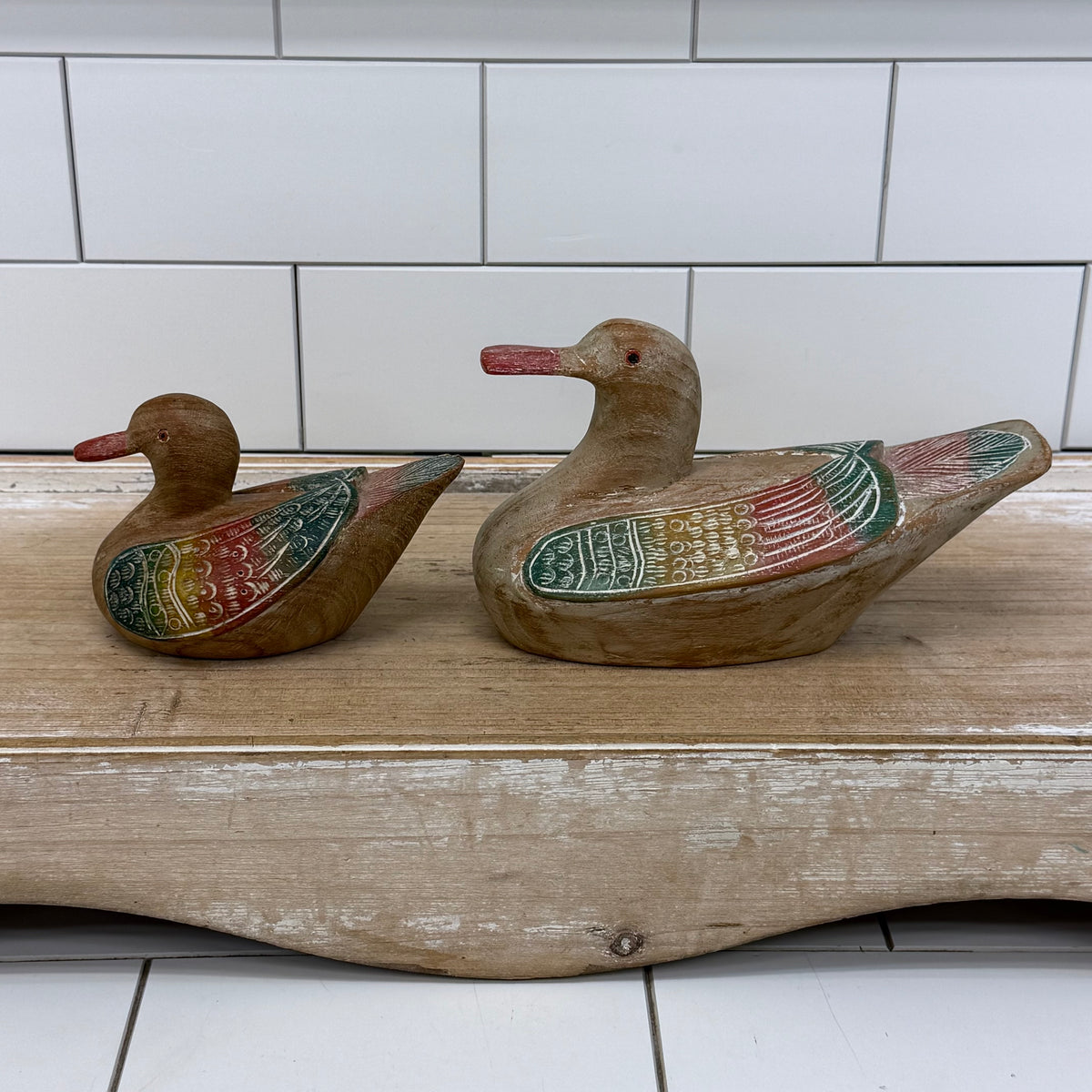 Hand Painted Wood Duck Decoy Figurines Thailand Set