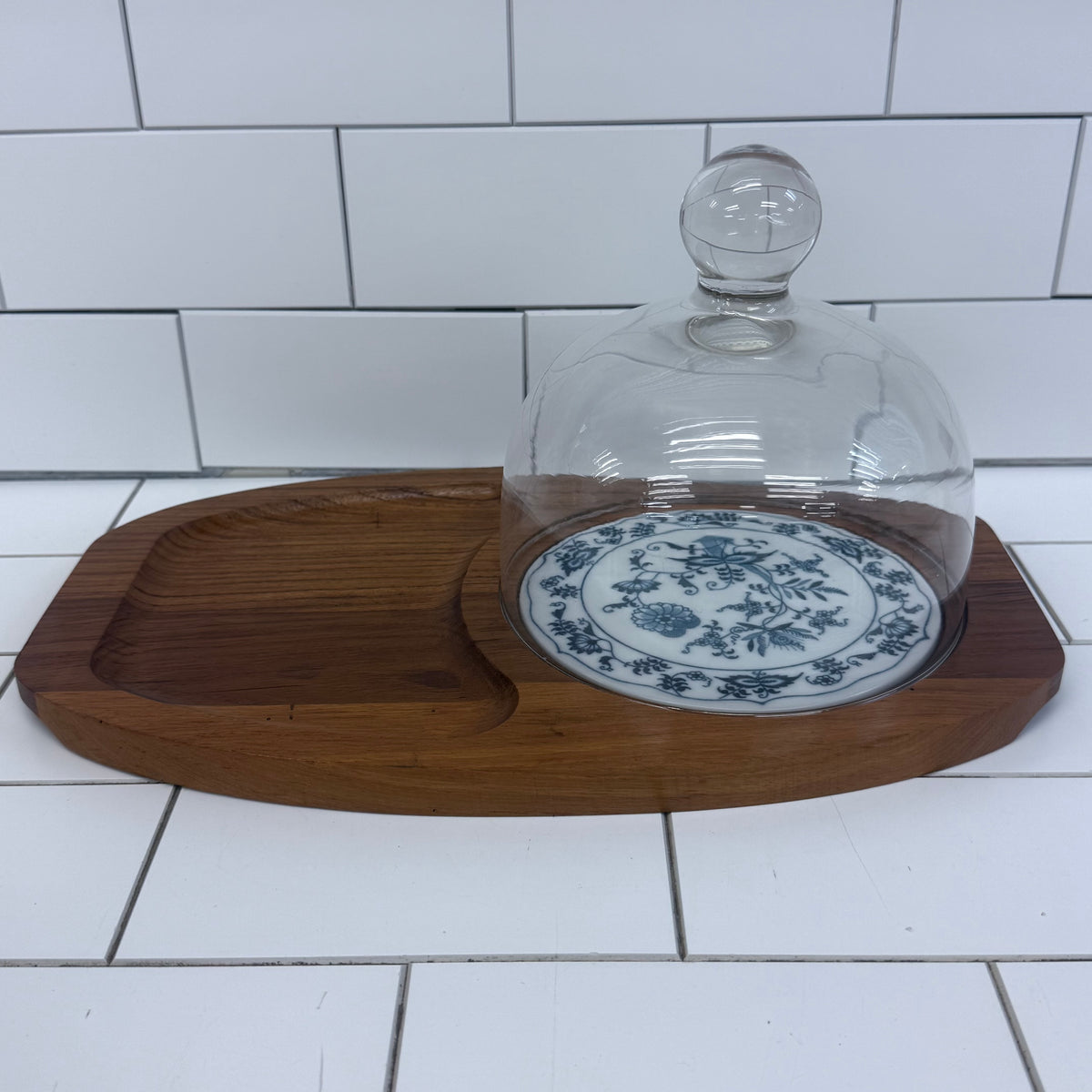 Dolphin Teak Cheese Board Glass Cloche Blue Danube