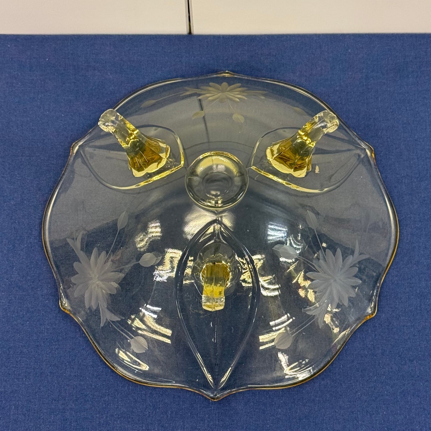 Lancaster Jubilee Amber Etched Floral Tripod Glass Bowl 1930s
