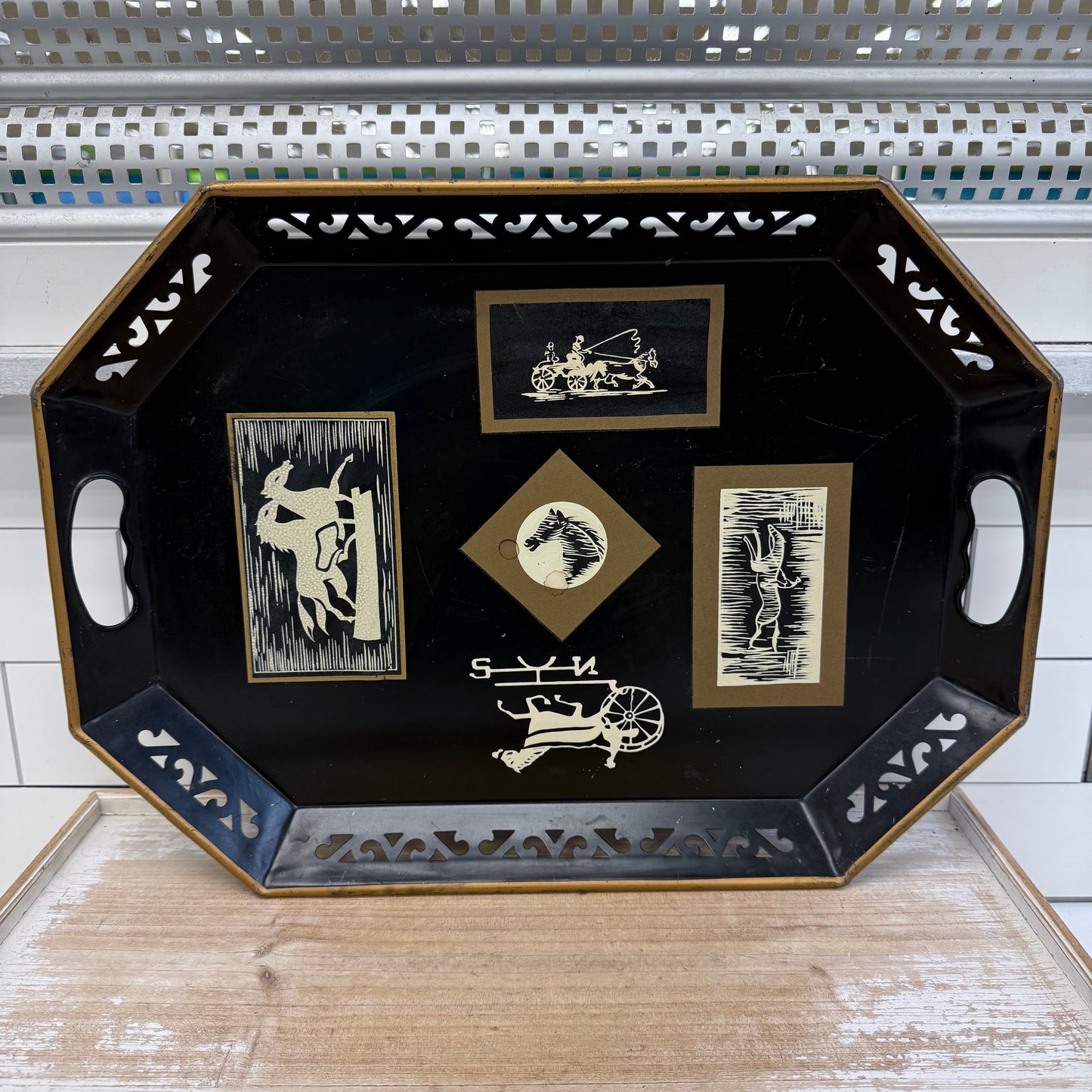 Art Deco Toleware Tray, Horse Motif