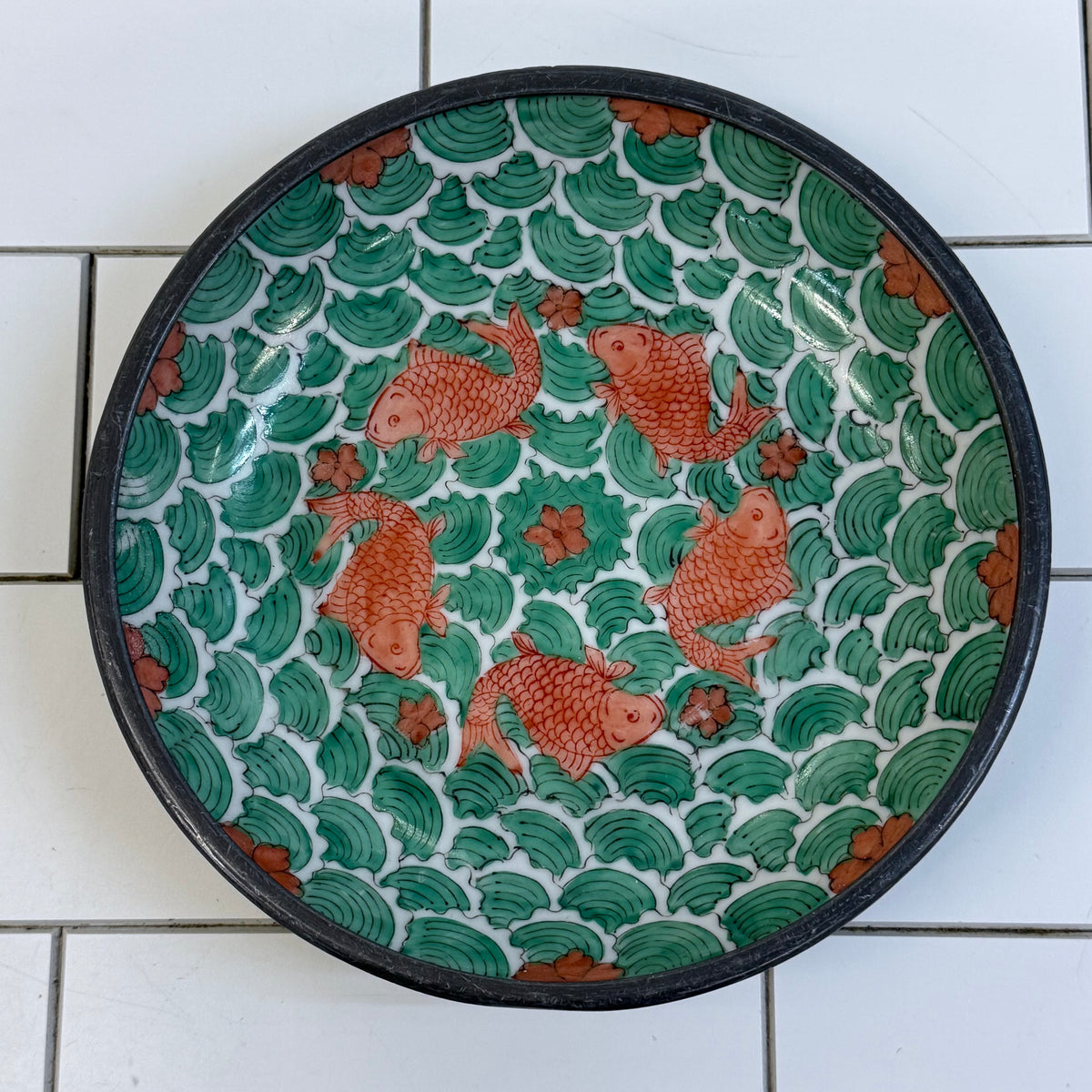 Asian Porcelain Koi Fish Bowl with Pewter Collar 1970s