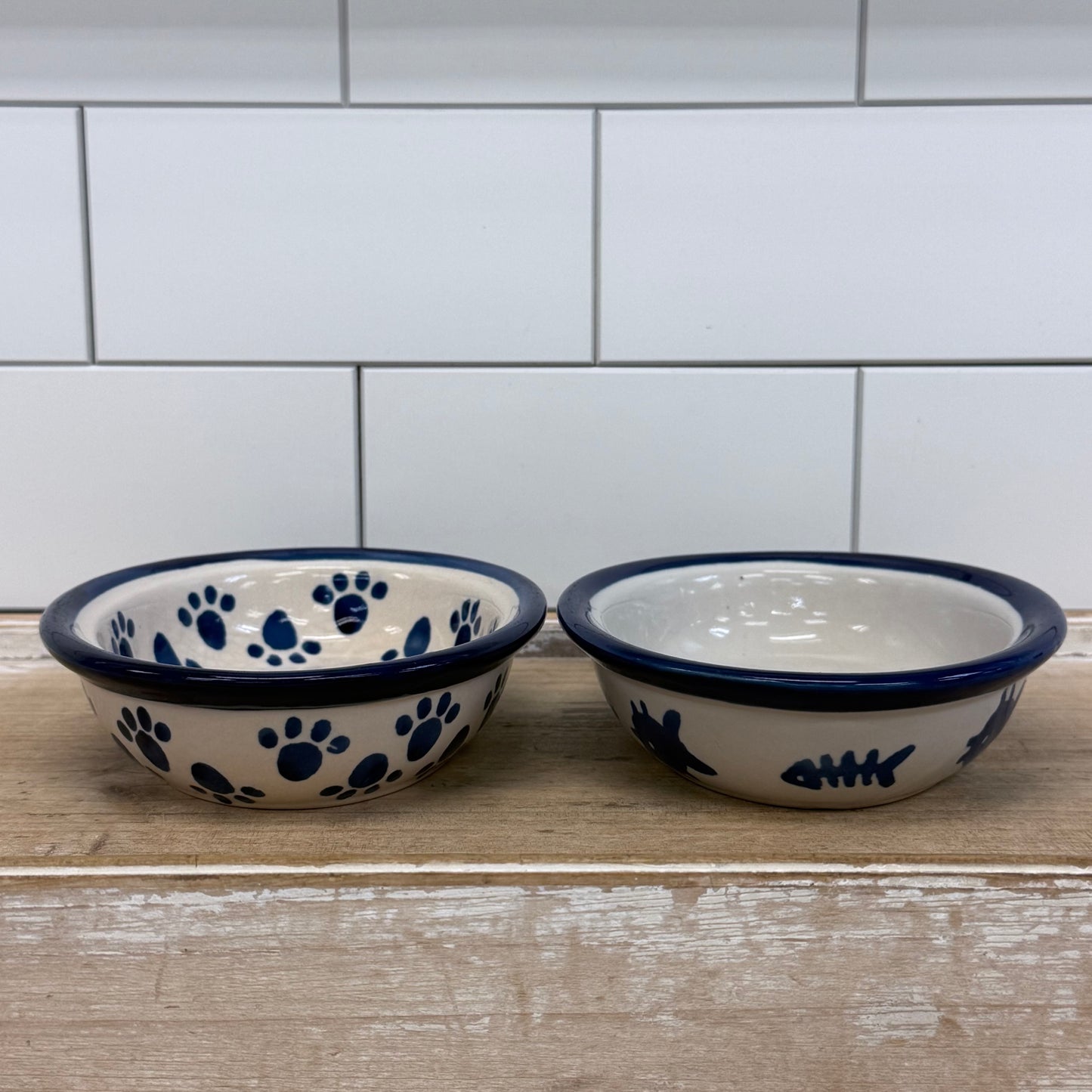 Blue & White Cat Pet Bowls Set of 2 Stoneware