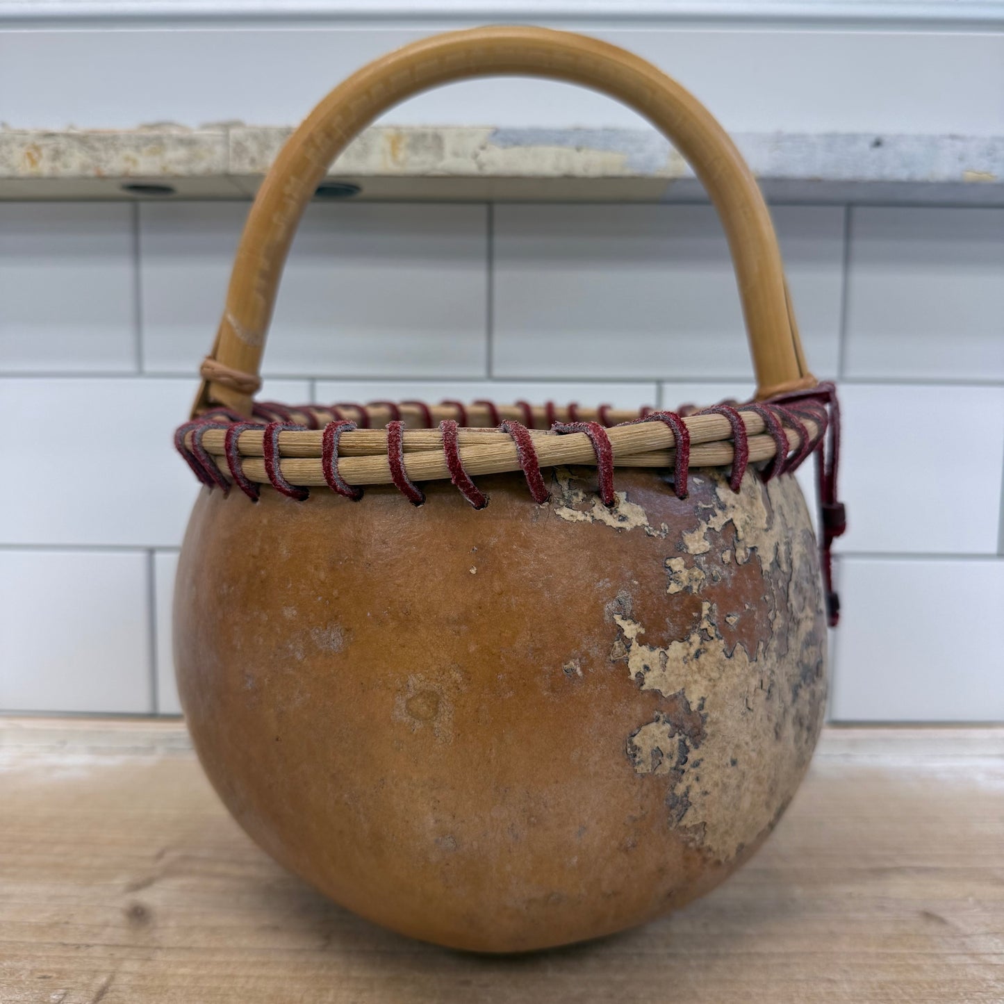 Handcrafted Signed Gourd Basket Bamboo Handle Folk Art 2000