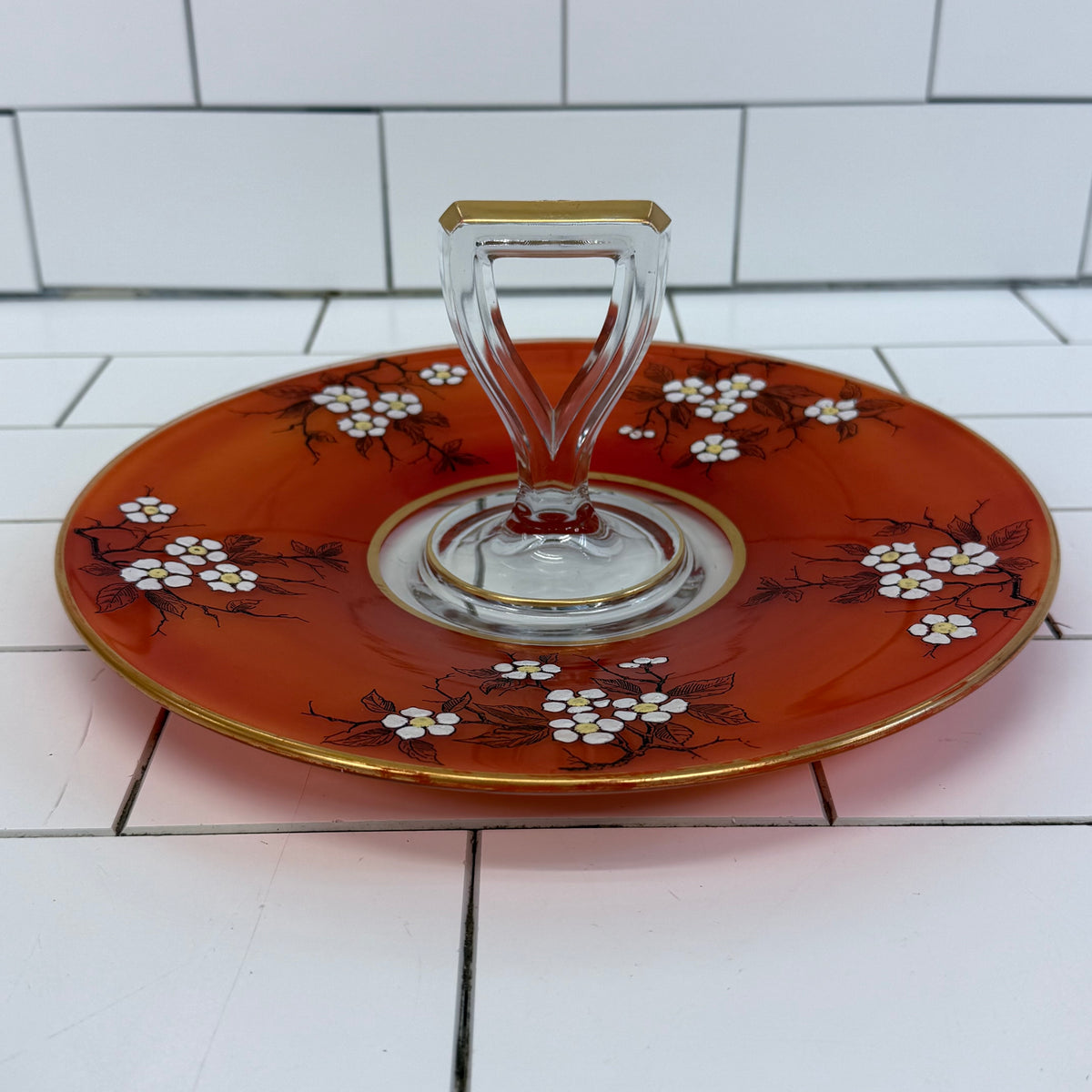 Art Deco Orange Floral Glass Serving Tray 1930s