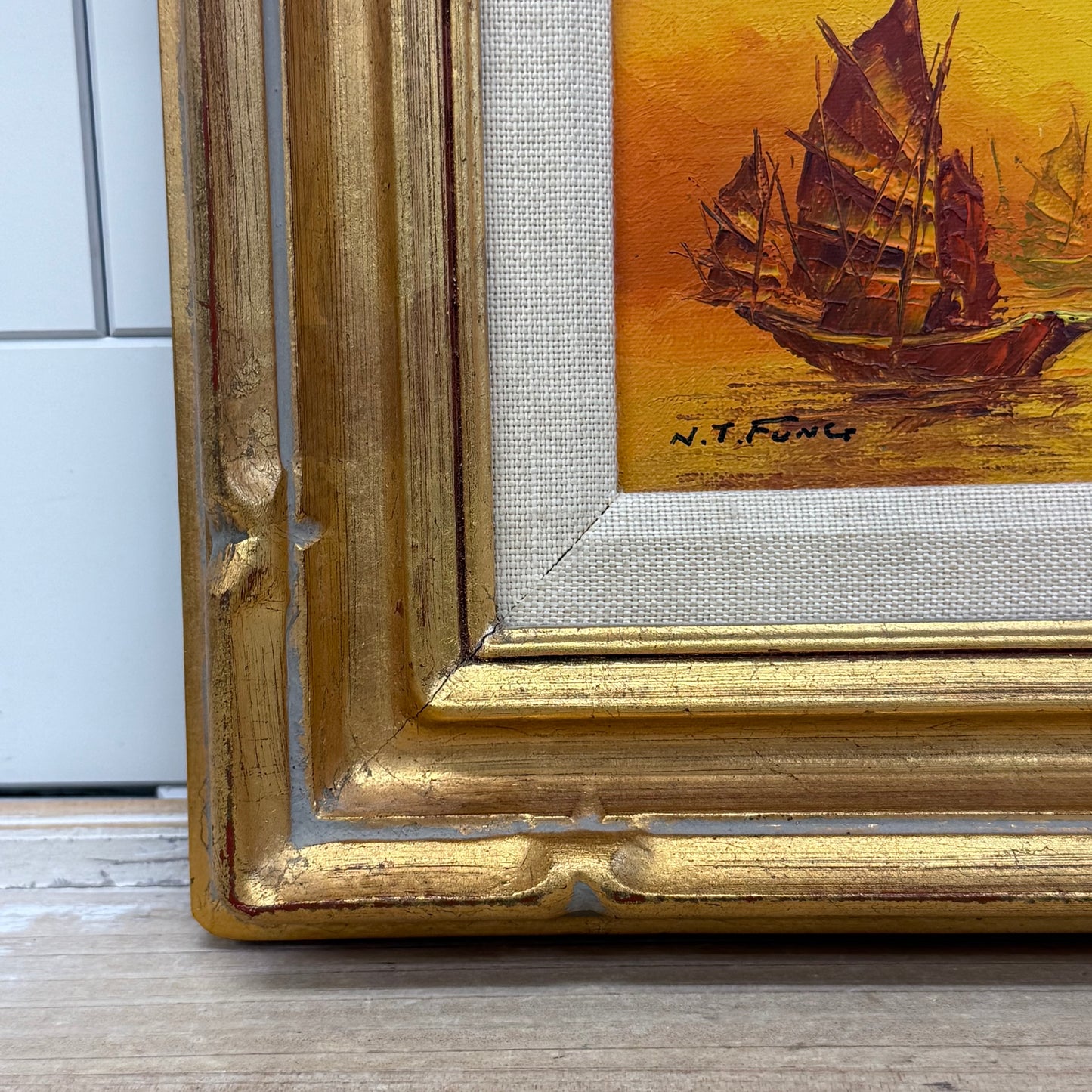 Sunset Junk Ships Original Oil Painting, Signed N.T. Fung