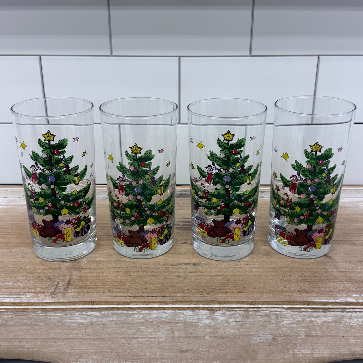 Nikko Christmas Tree Teddy Bear Highball Glass Tumblers Set of 4