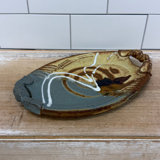 Signed Studio Art Pottery Abstract Handled Tray Stoneware
