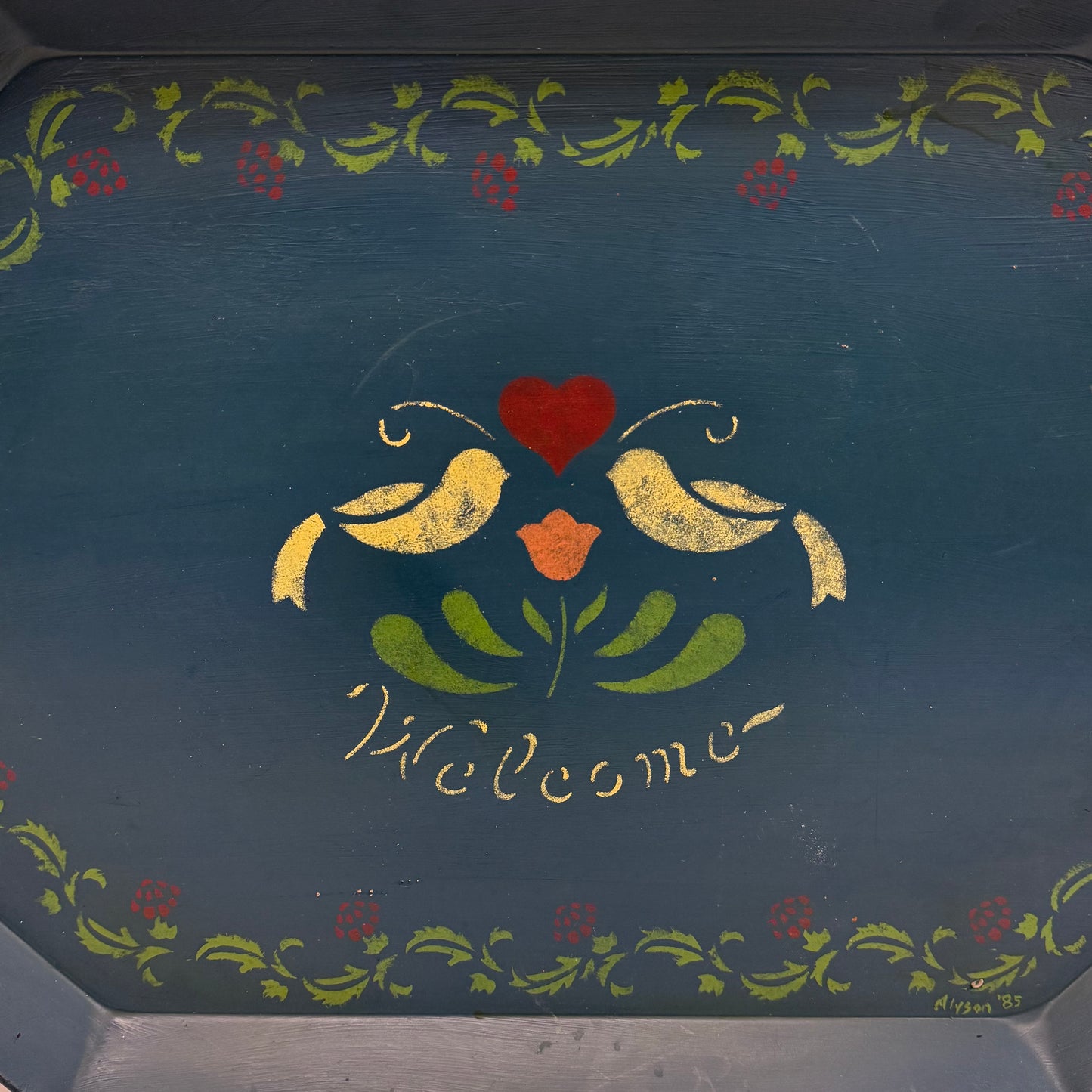 Vintage Folk Art Toleware Serving Tray Signed 1985