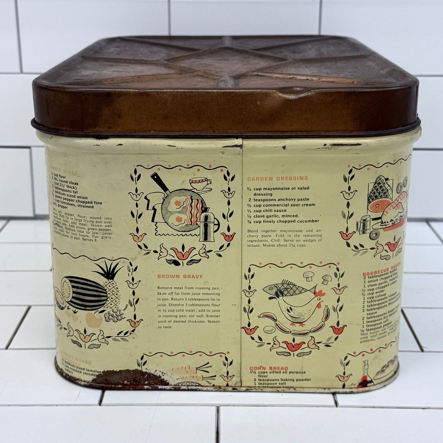 Recipe Print Metal Bread Box Vintage 1950s
