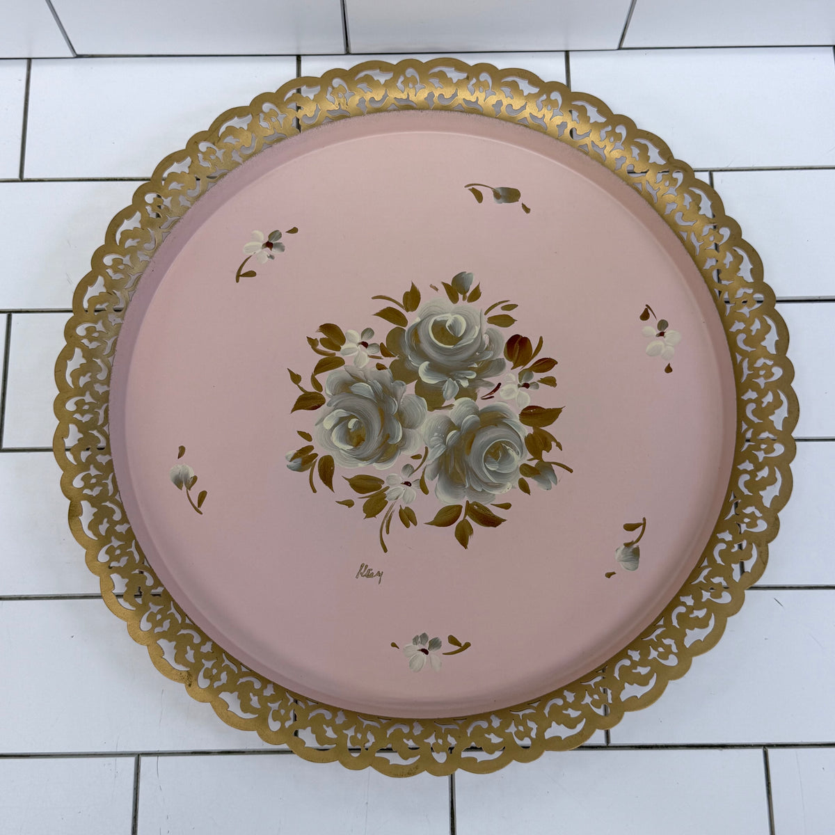 Vintage Hand Painted Pink Floral Tole Metal Tray 15”