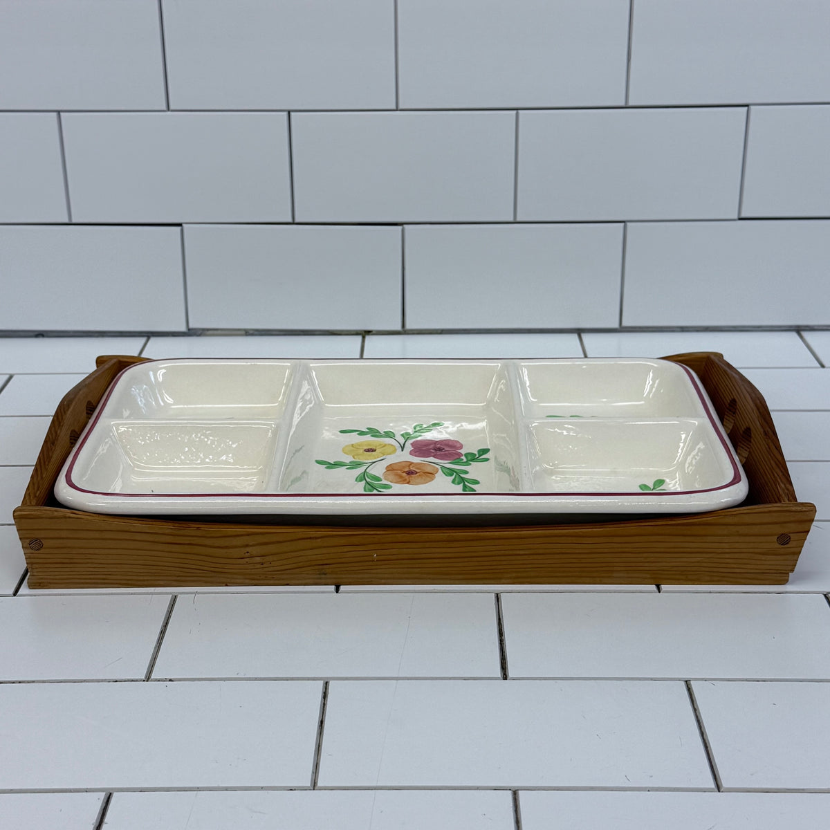 Hand Painted Floral Serving Dish with Wood Tray