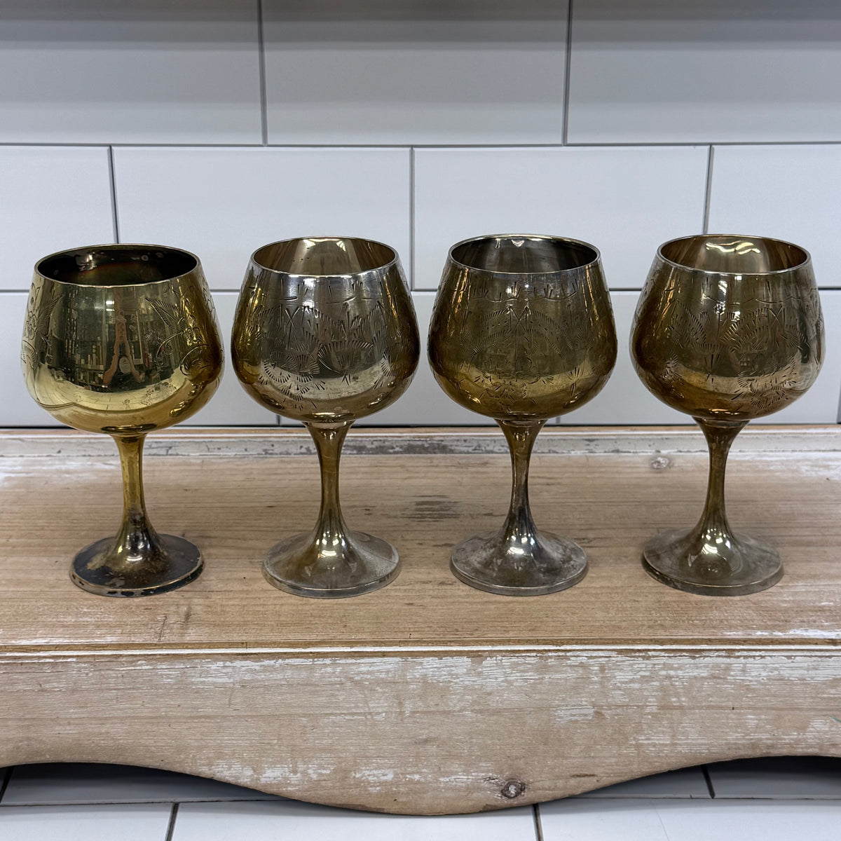 Vintage Floral Etched Goblets, Set of 4