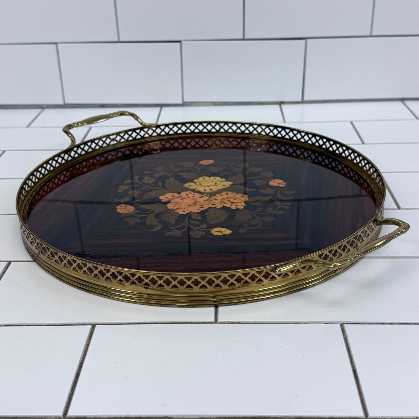 Floral Marquetry Wood Serving Tray with Brass Handles