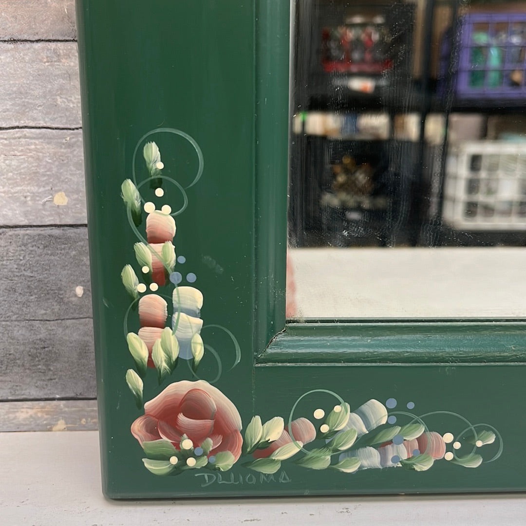 Handpainted Green Floral Wall Mirror, Signed