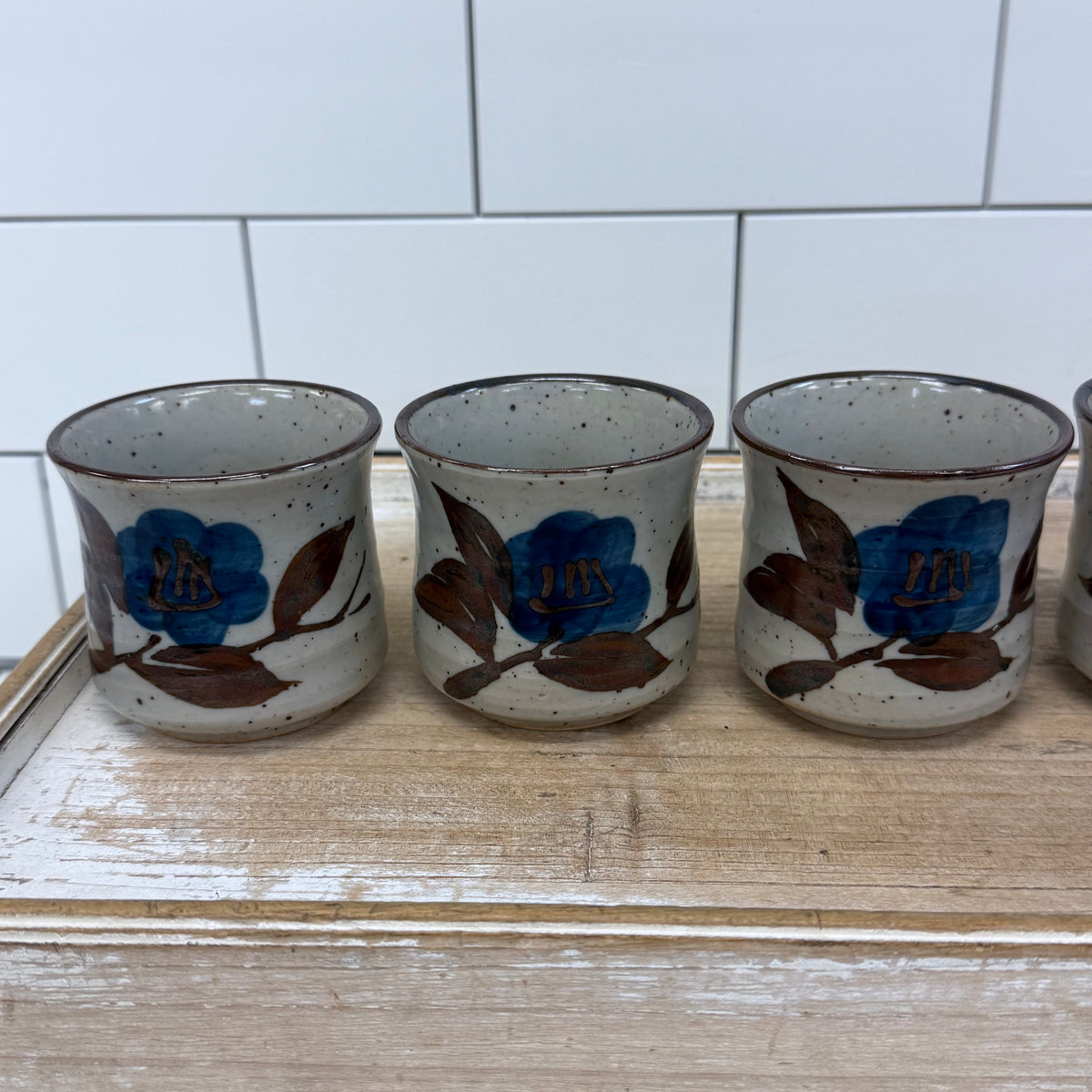 Japanese Stoneware Tea Set Blue Floral Teapot 7 Piece