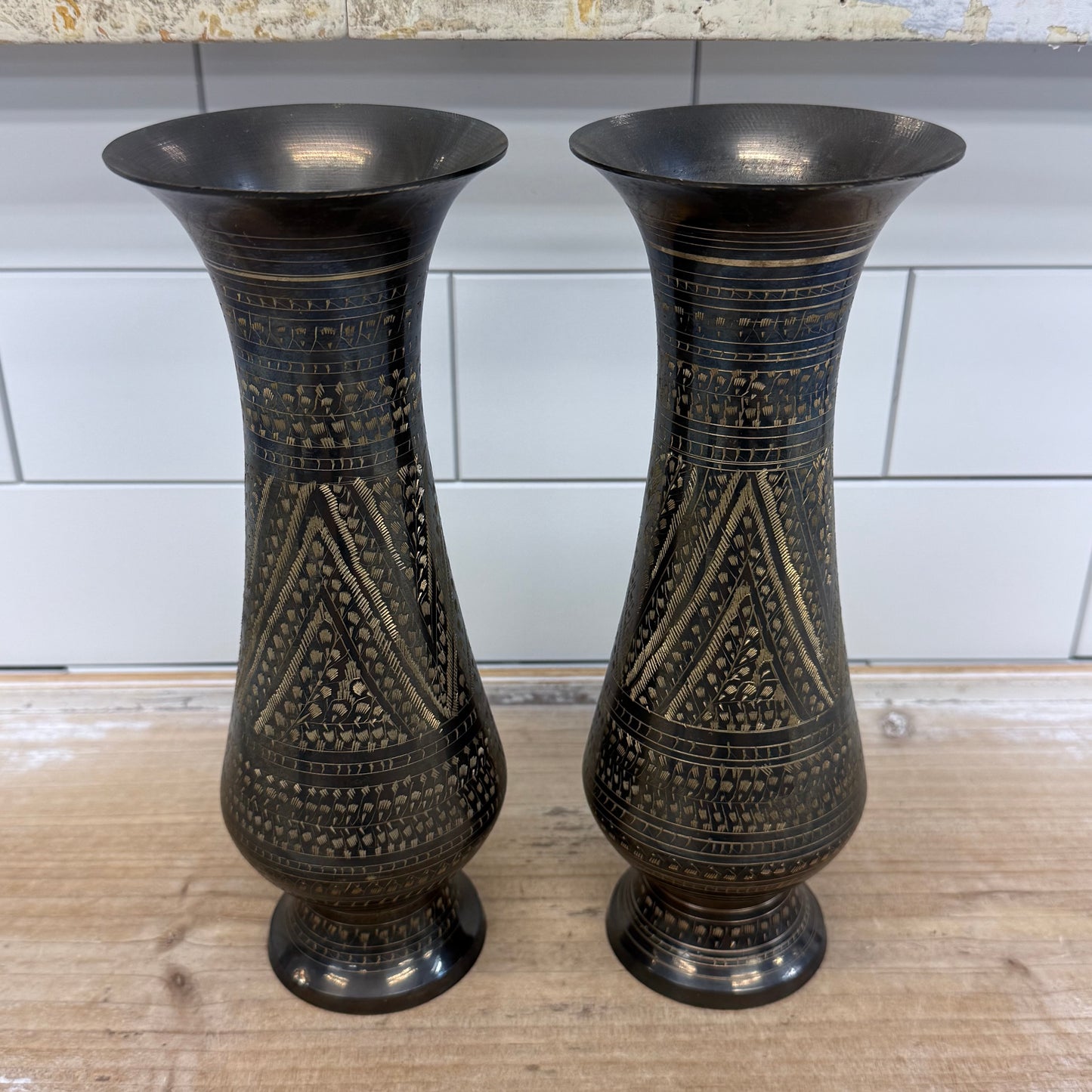 Etched Brass Pedestal Vases Set of 2 Geometric Decor Pair