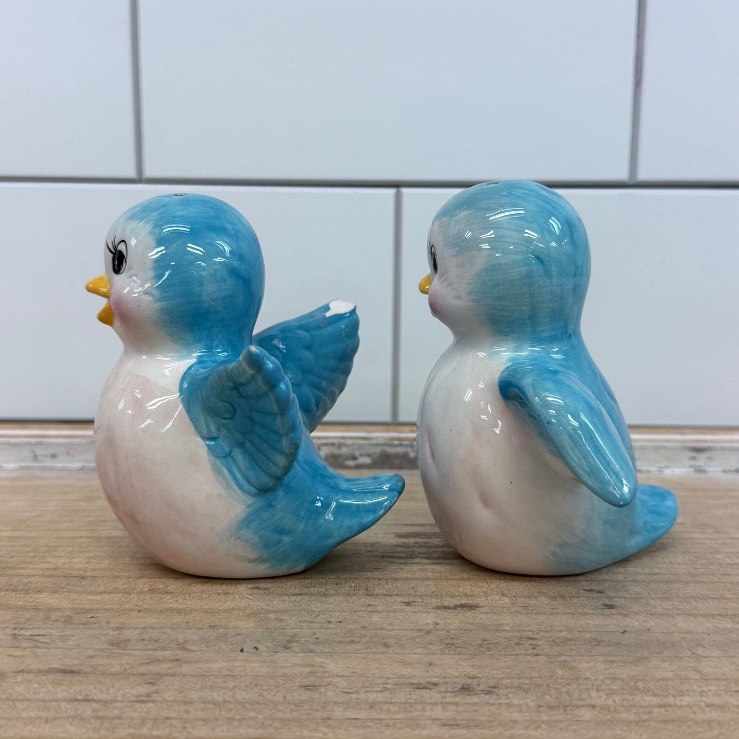 Vintage Blue Bird Salt & Pepper Shakers Glazed Ceramic Set of 2