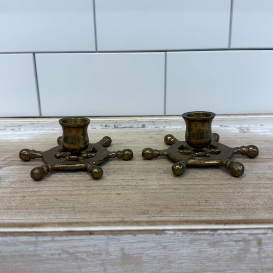 Solid Brass Ship’s Wheel Candlestick Holders, Set of 2