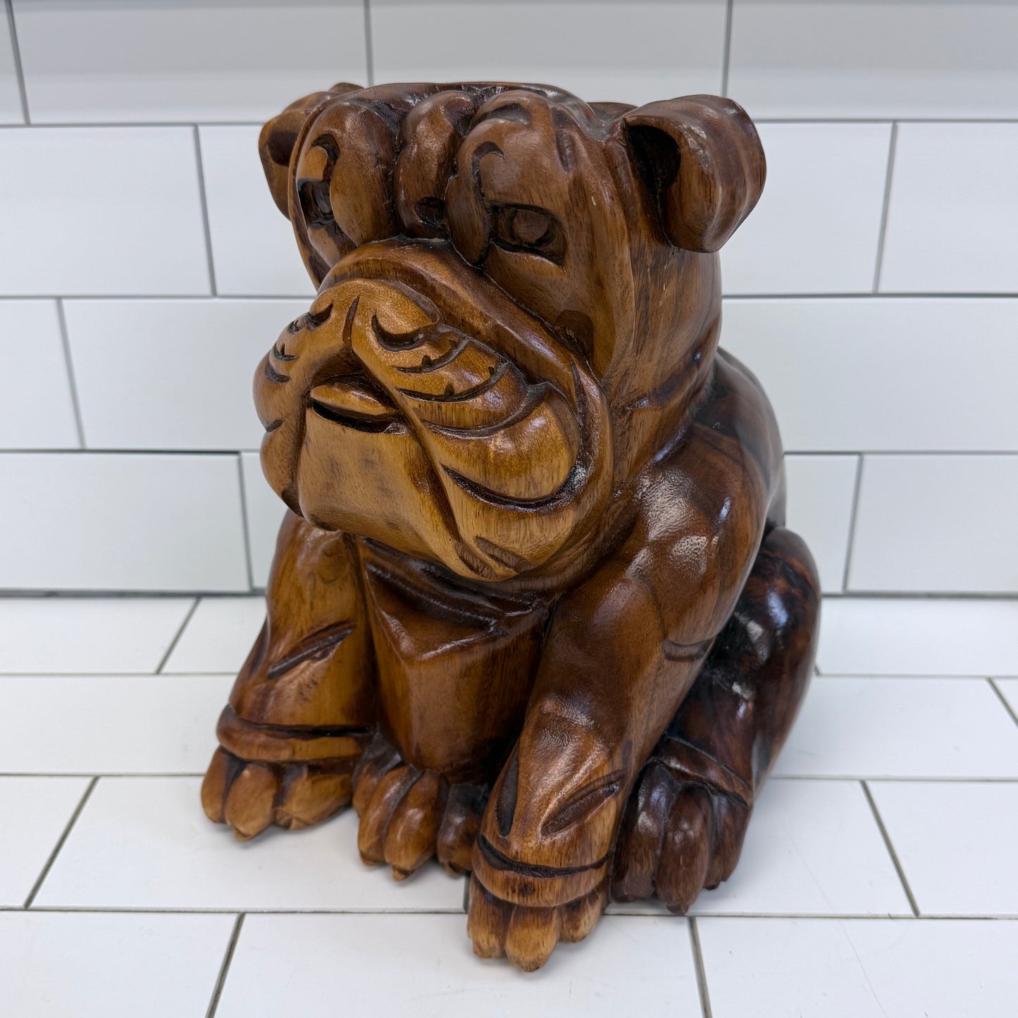Hand Carved Wooden Bulldog Statue Vintage Hardwood 11”