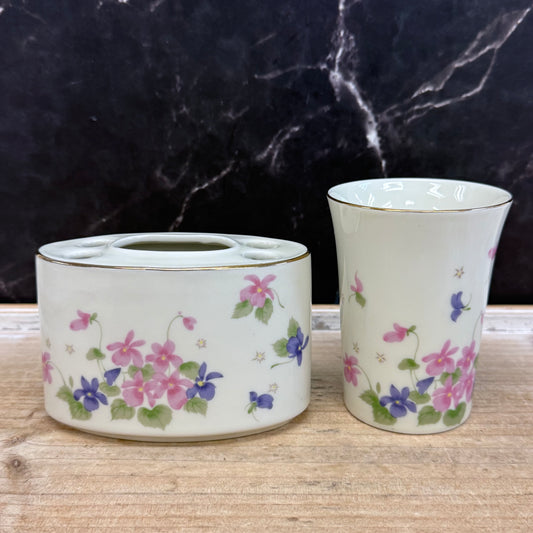 Fred Roberts Violets Toothbrush Holder Cup Set Japan Vintage 1960s
