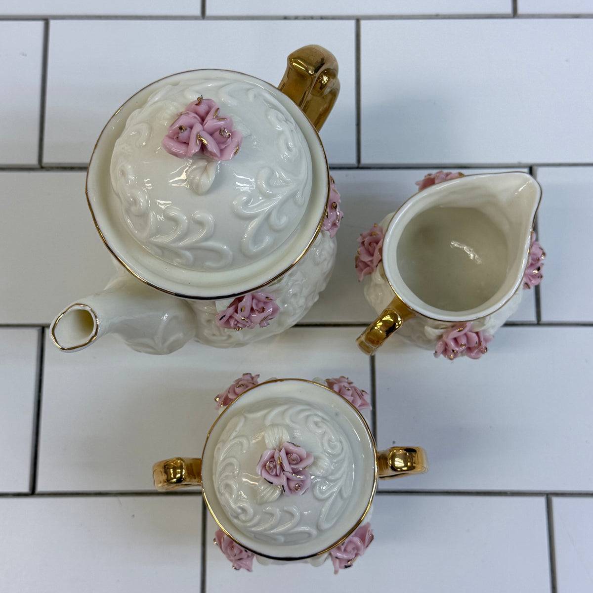 Cracker Barrel Pink Rose Porcelain Tea Set 1980s