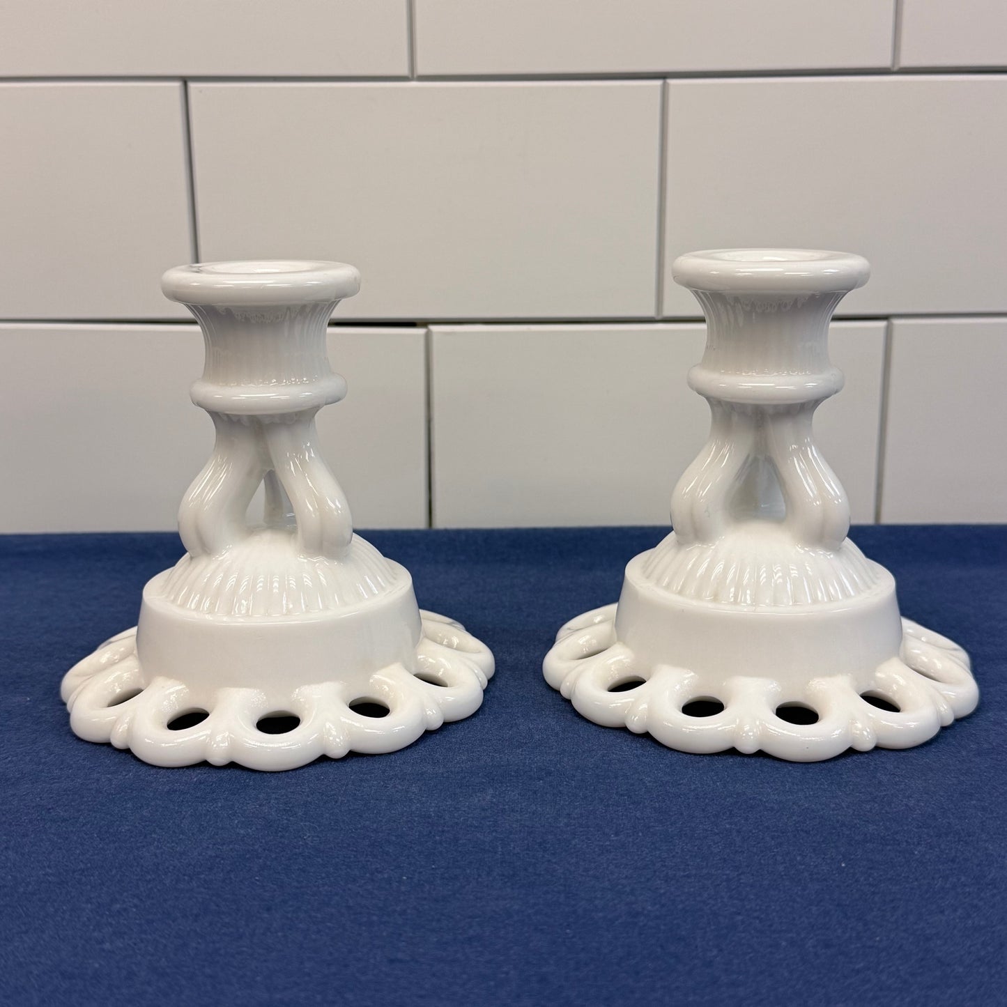 Westmoreland Doric Lace Candlestick Holders, Milk Glass