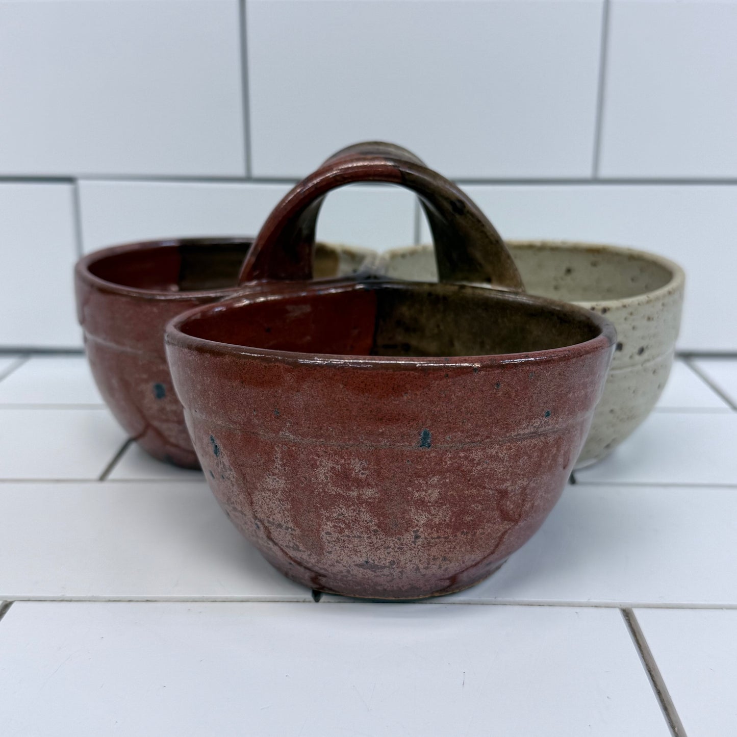Studio Pottery Stoneware Set Burgundy & Beige Lot of 4