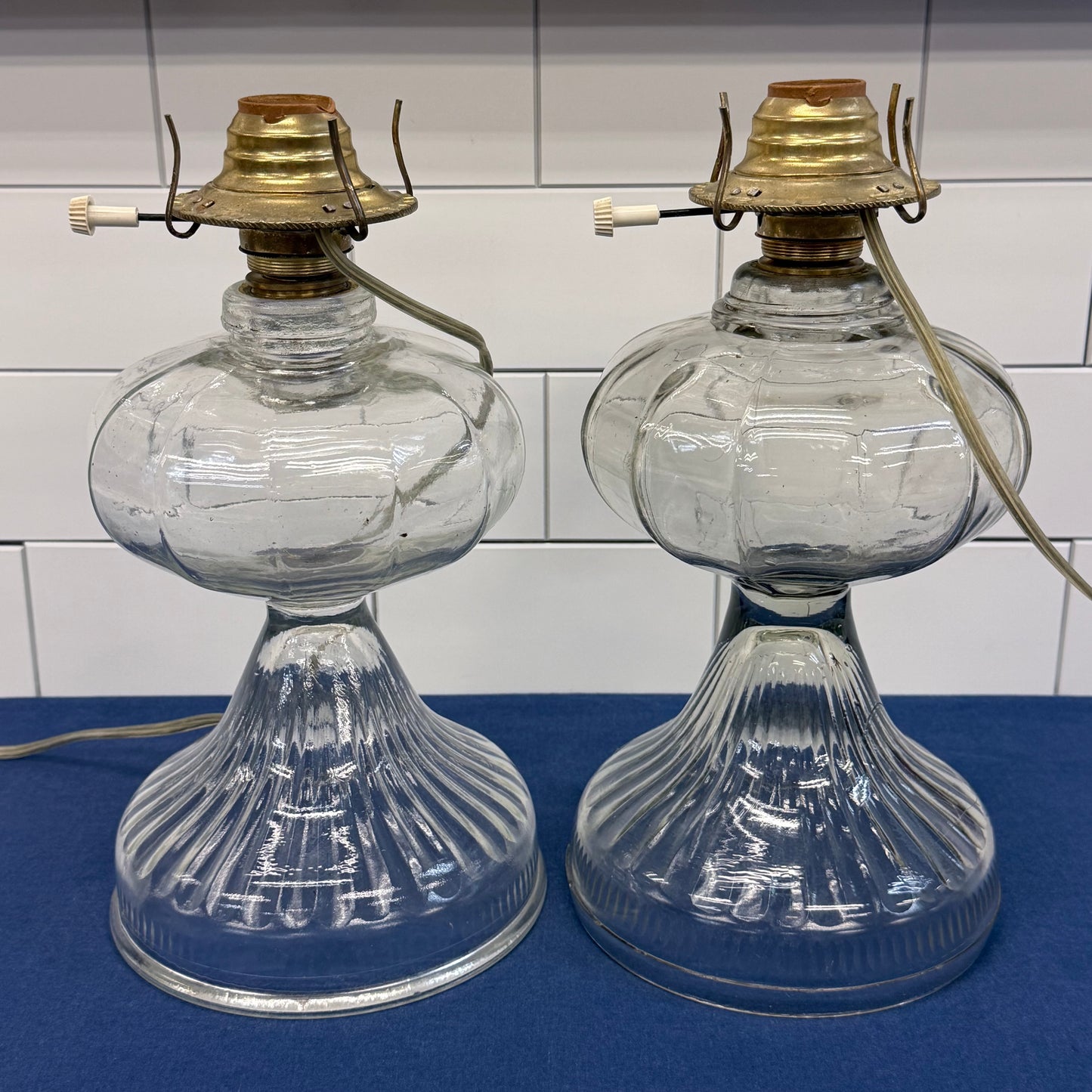 Electrified Glass Oil Hurricane Lamps with Chimneys Set of 2