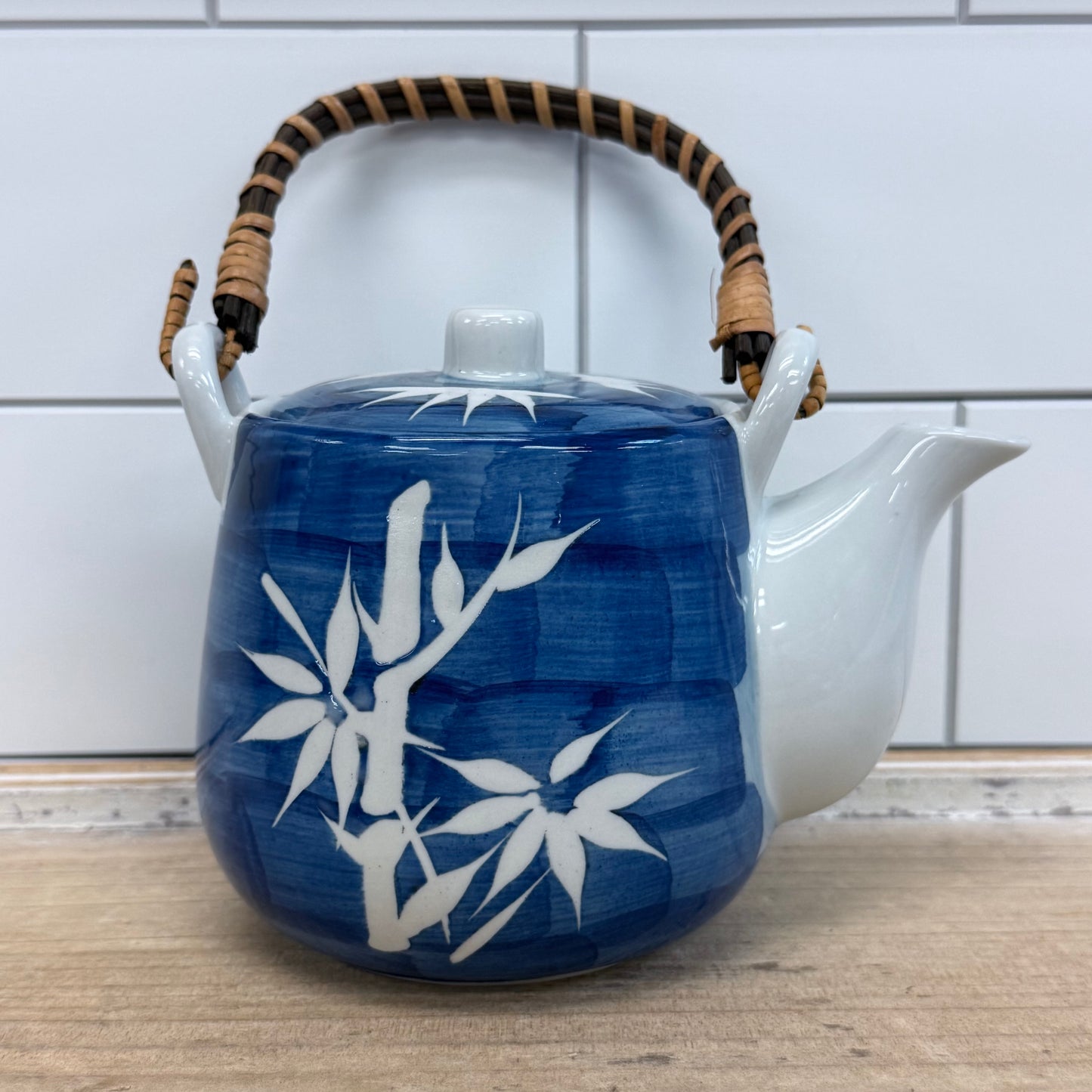 Blue Bamboo Porcelain Teapot Tea Set with Infuser & 2 Cups