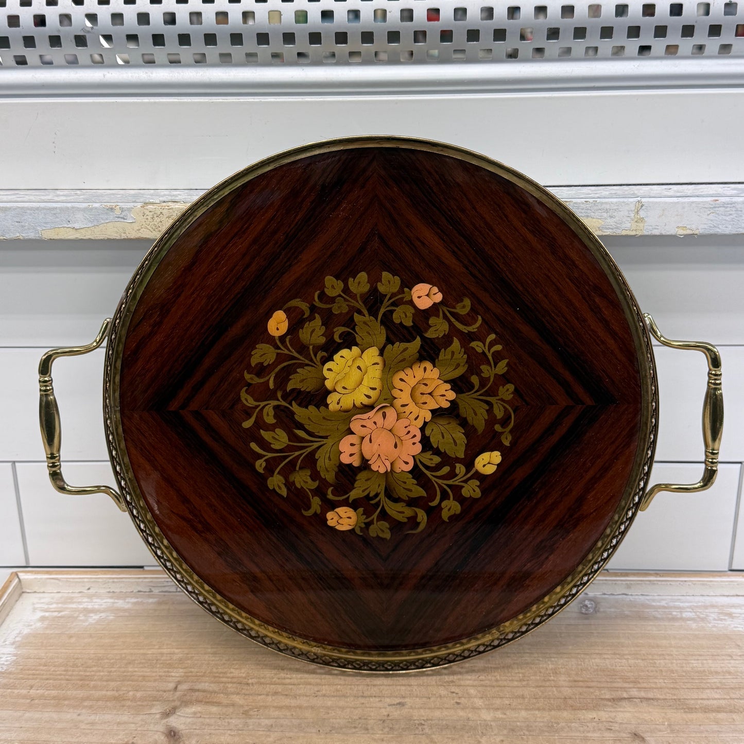 Floral Marquetry Wood Serving Tray with Brass Handles