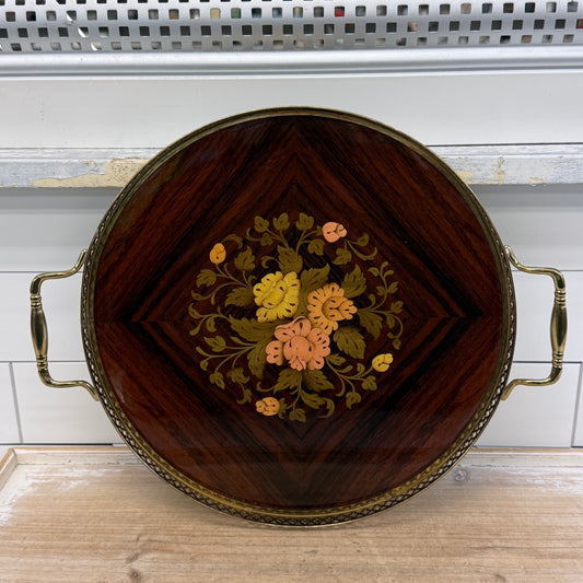 Floral Marquetry Wood Serving Tray with Brass Handles
