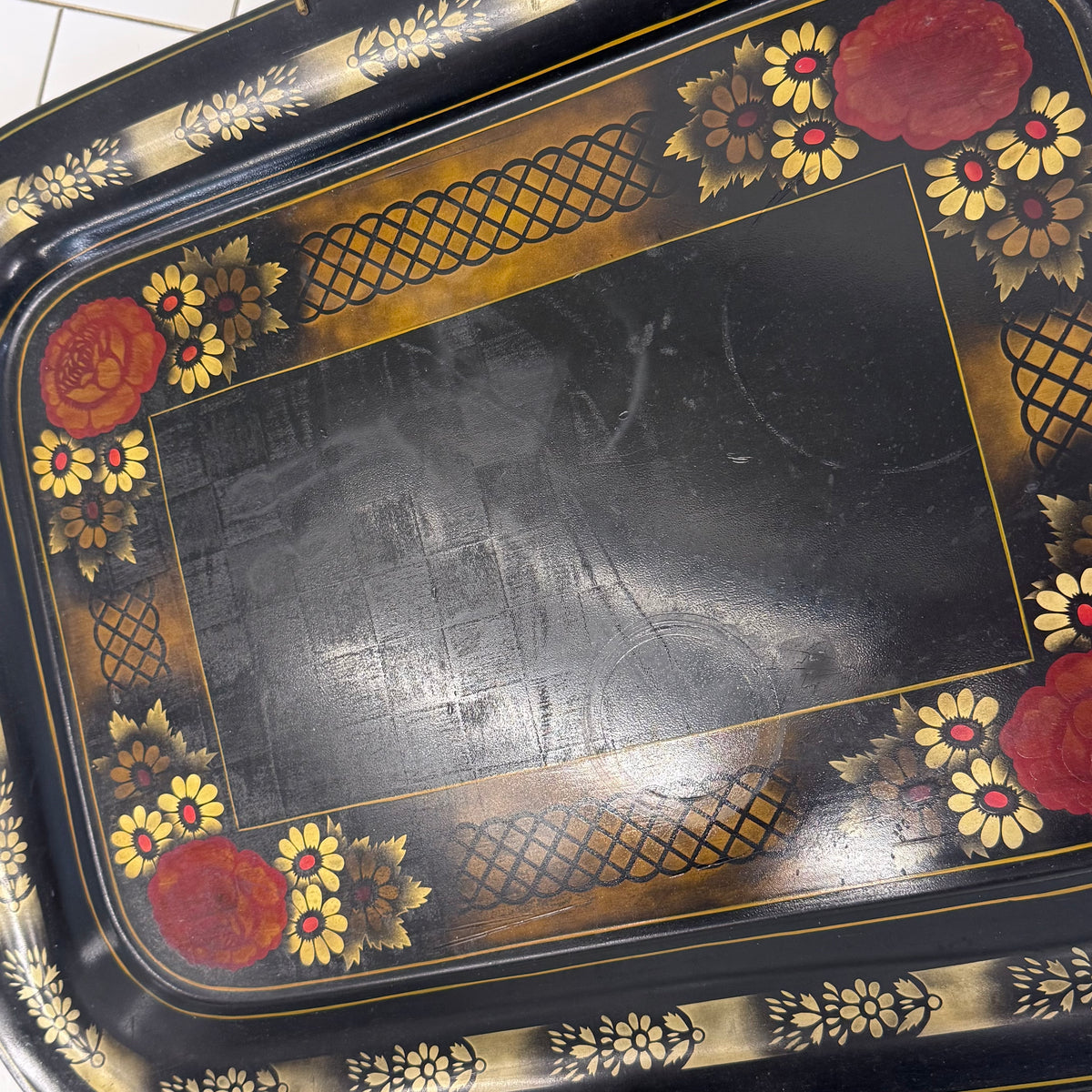Floral Stenciled Tin Tray Black Gold Toleware Vintage 1970s