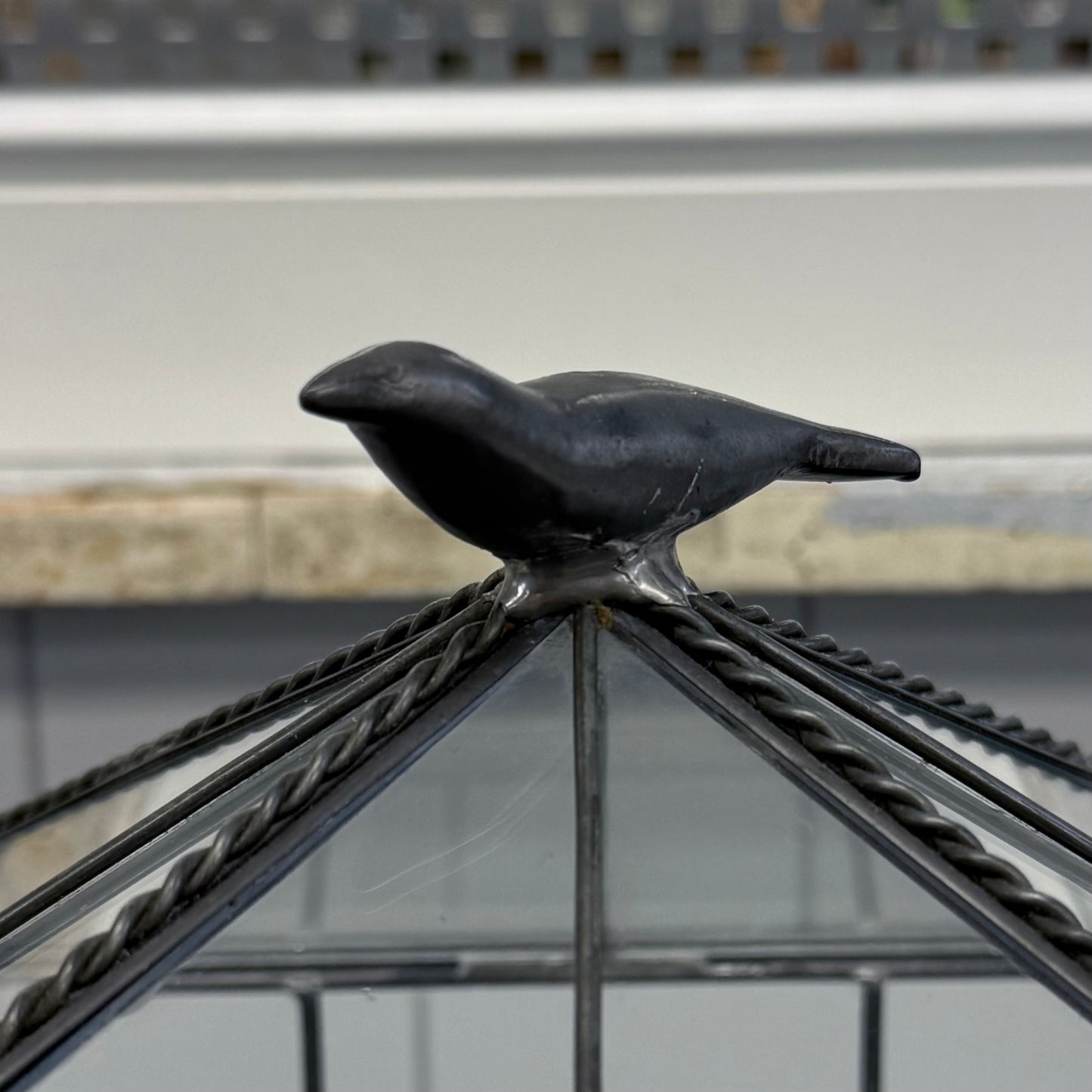 Hen-Feather House Glass Terrarium Greenhouse Ceramic Base Bird Finial