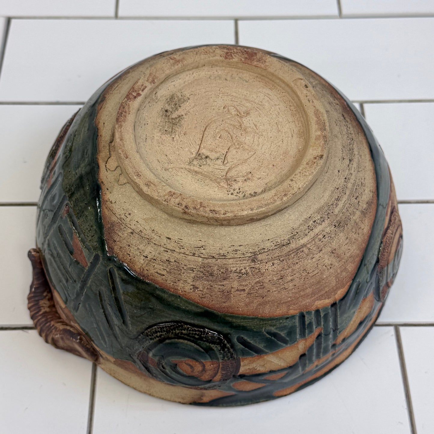 Studio Art Pottery Spiral Handled Bowl, Signed, Glazed Stoneware