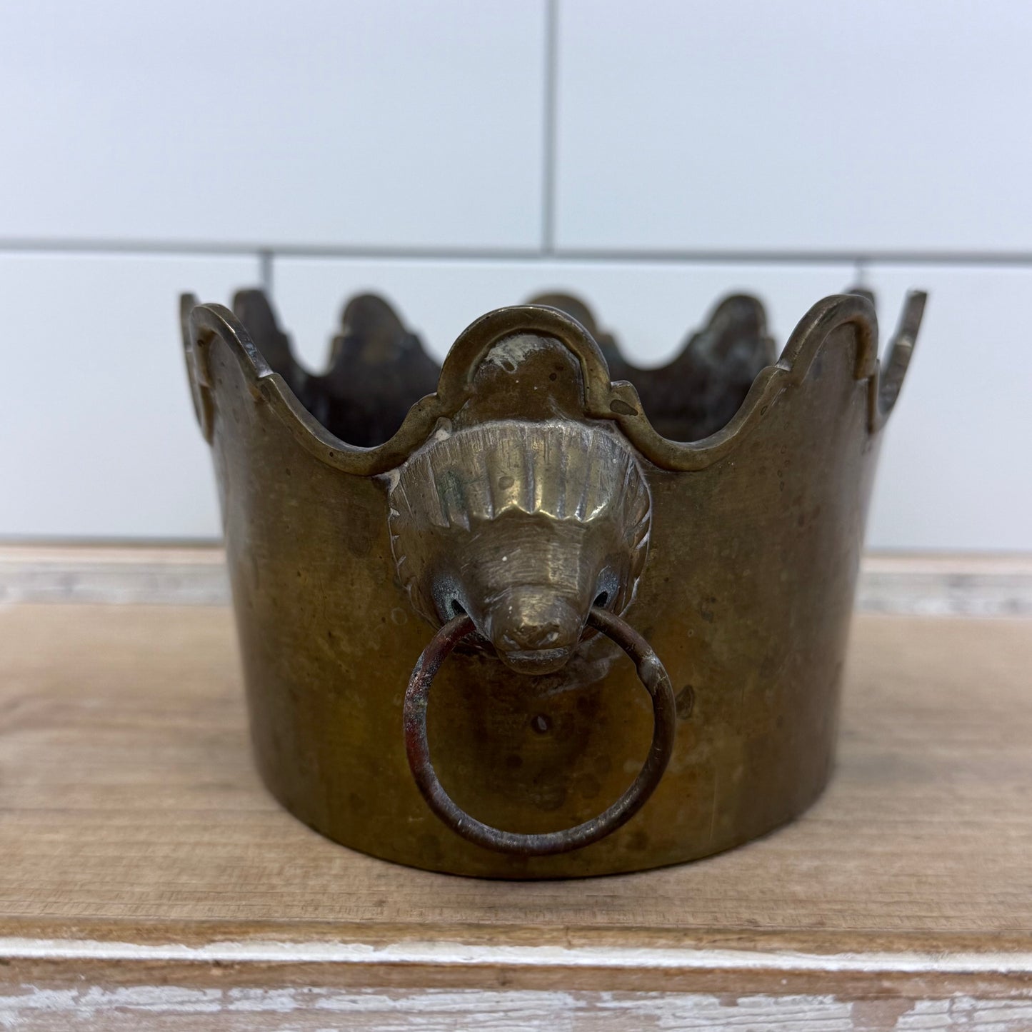 Brass Lion’s Head Cachepot Planter Vintage 1960s